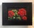 This oil painting features vibrant clusters of red geraniums, skillfully rendered against a dark background that enhances...