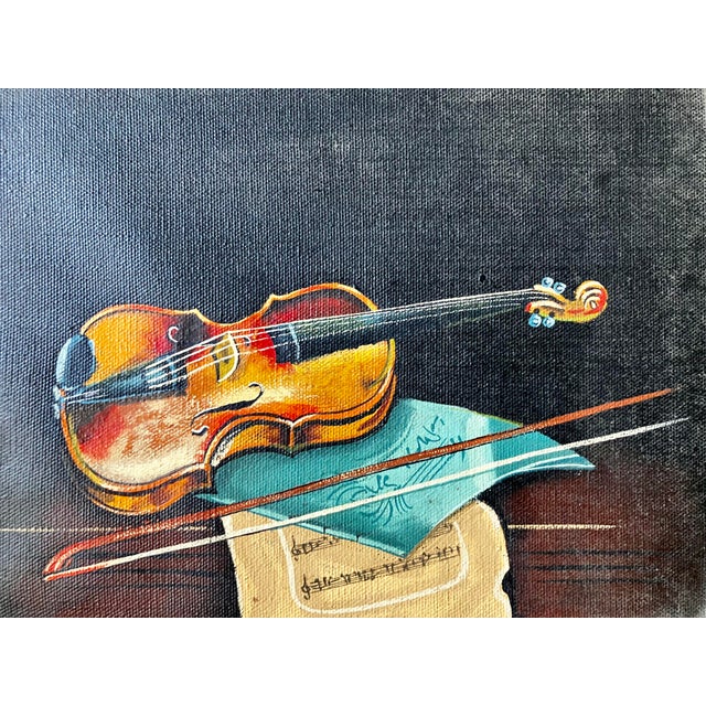 Vintage Mid-Century Violin Still Life Painting in Gilt Frame With Velvet Liner For Sale - Image 4 of 18