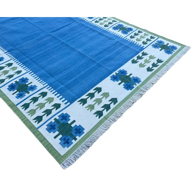 Not Yet Made - Made To Order Not Yet Made - Made To Order Handmade Cotton Natural Vegetable Dyed Reversible Indigo Blue Cream and Green Leaf Pattern Rug Dhurrie - 12'x15' For Sale - Image 5 of 11