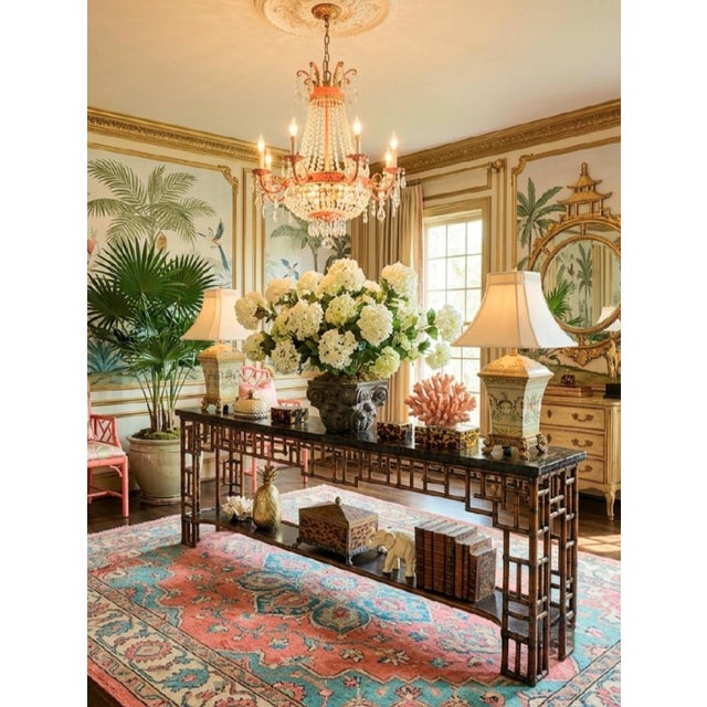 Vintage Chinese Chippendale Lexington Tortoiseshell Bronze Black Extra Long Tessellated Top Console Sofa Table For Sale In West Palm - Image 6 of 15