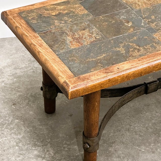 Gold French Slate and Oak Coffee Table with Sculptural Iron Base, 1960s For Sale - Image 8 of 15