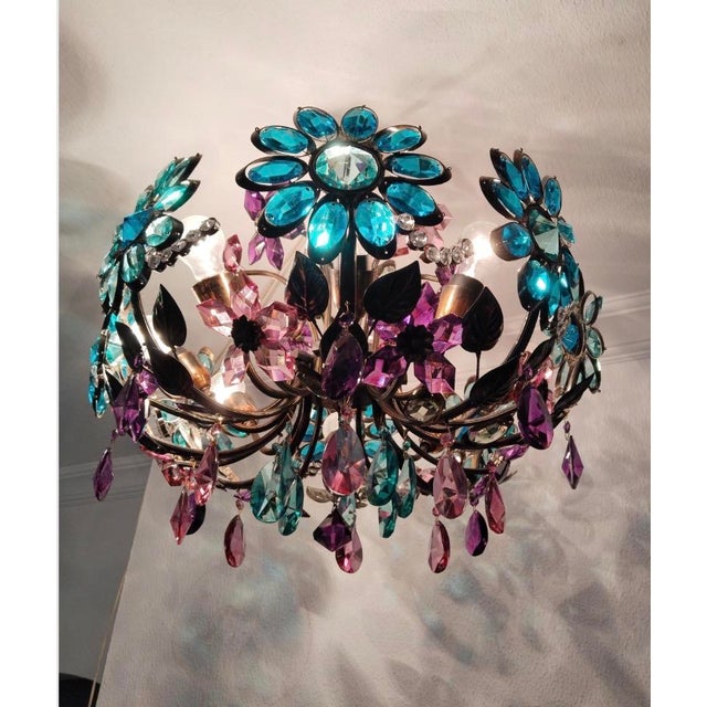 Large Vintage Chandelier Crystal Antique Different Daisy Colourful Hand Painted 8 Lamps Bohemian Light For Sale - Image 10 of 10