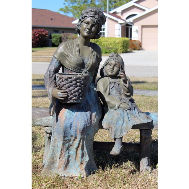 Victorian Vintage Life-Size Victorian Mother & Child Garden Sculpture With Bronze Faces, Hands & Upper Body – Garden Bench Statue With Basket Planter, 1980s For Sale - Image 3 of 18
