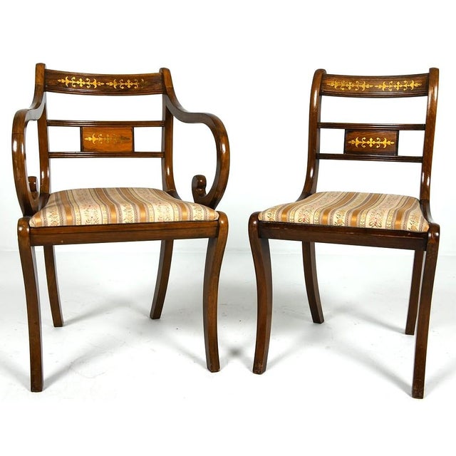 Early 20th Century Set 8 Fine Regency Dining Chairs W Brass Inlay & Saber Front Legs For Sale - Image 5 of 11