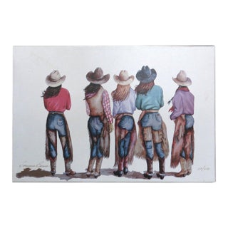 Late 20th Century Doreman Burns Western Lithograph Canvas of Cowgirls Titled "He's Mine" For Sale