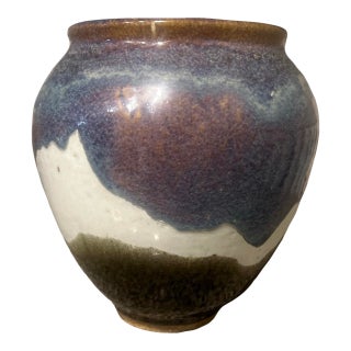 Mid Century Modern Vintage Ceramic Large Studio Pottery Drip Glaze Stoneware Vase For Sale