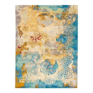 Modern Golden and Teal Abstract Indian Handmade Coastal Designed Wool & Silk Rug For Sale