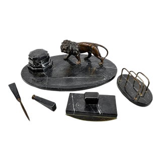 Antique French Lion Sculpture Bronze Desk Garniture Inkwell in Marble Continental. Empire Style - Set of 6 For Sale