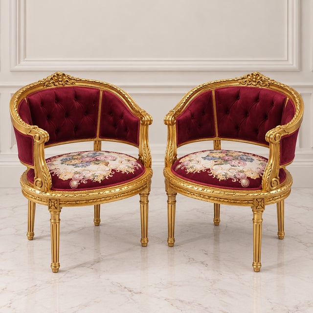 Make a statement with this elegant French-inspired armchair, featuring rich burgundy velvet upholstery, a beautifully...