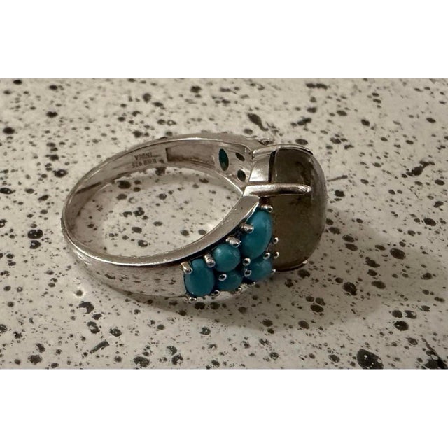 1970s KHR India Sterling Silver Bronzite and Turquoise Ring Size 11 Signed For Sale - Image 4 of 5