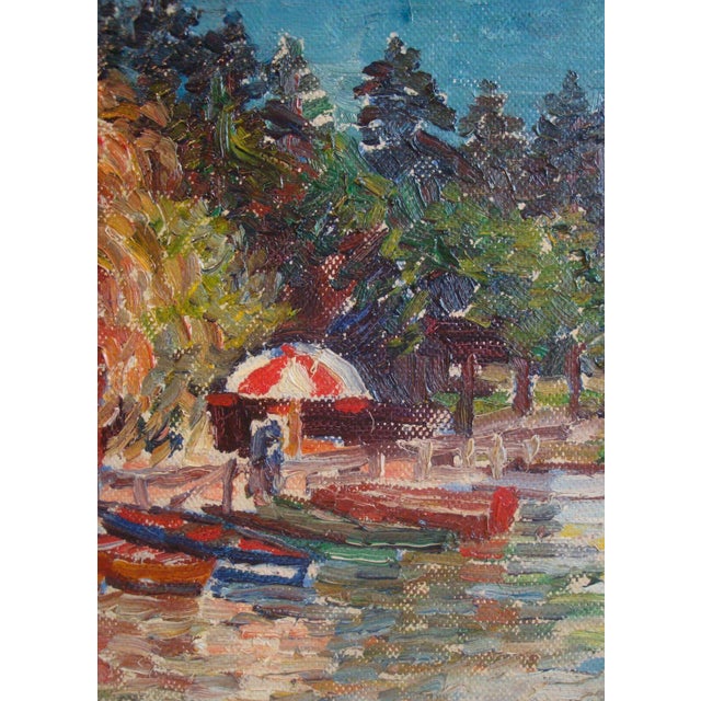 Mid-Century Modern 1957 German Impressionist Oil Painting Summer Lake Boats, Karl Abt For Sale - Image 3 of 6
