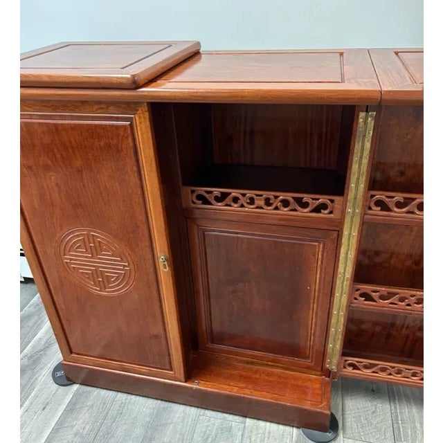 Wood 1970s Chinese Solid Rosewood Bar Unit Twin Fold-Over Flap Top Also Front, Side, and Back Carved Chinese Symbols For Sale - Image 7 of 12