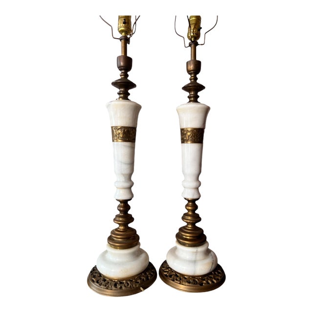 Vintage Hollywood Regency Marble and Brass Table Lamps - a Pair For Sale