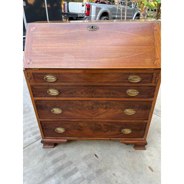 Traditional Late 19th Century Mahogany Slant-Front Bureau Desk With Marquetry Inlay and Brass Hardware For Sale - Image 3 of 12