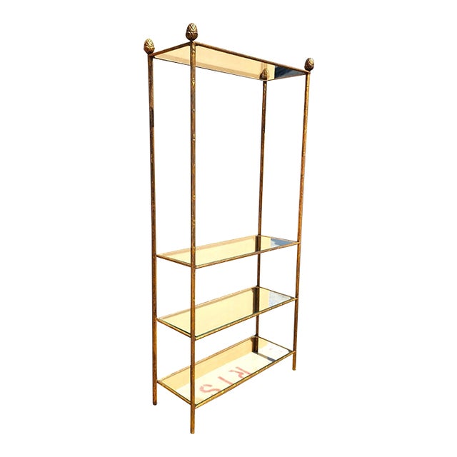 Gilt Iron & Glass Faux Bois Étagère Bookcase Shelf Mid Century For Sale