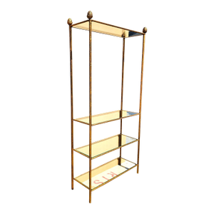 Gilt Iron & Glass Faux Bois Étagère Bookcase Shelf Mid Century