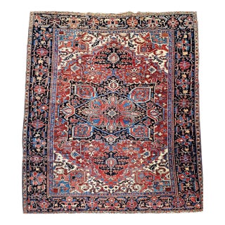 Vintage Persian Heriz Serapi Rug, Hand-Knotted Wool, Geometric Medallion Pattern, Red & Ivory, 10x12 For Sale