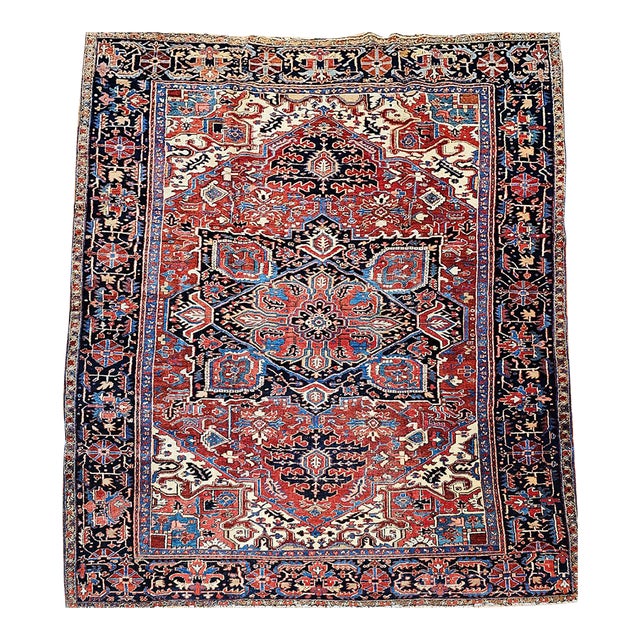 Vintage Persian Heriz Serapi Rug, Hand-Knotted Wool, Geometric Medallion Pattern, Red & Ivory, 10x12 For Sale