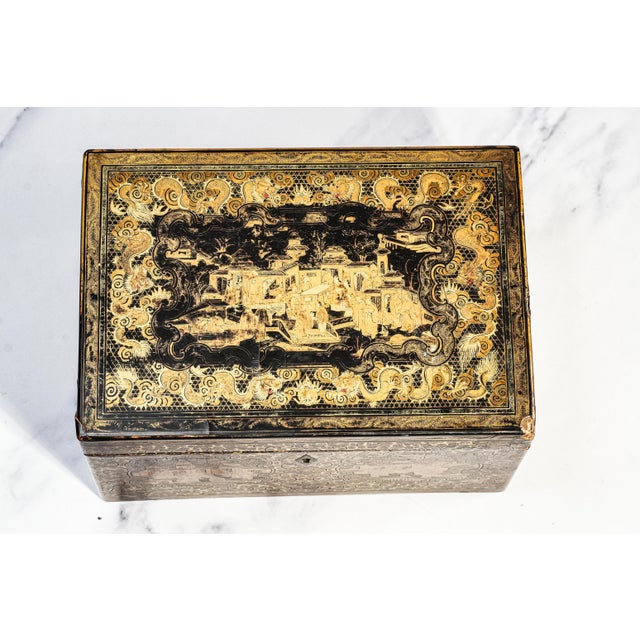 Incredible Large Antique Chinoiserie Asian Lacquer Tea Caddy Box Home Decor For Sale - Image 4 of 15