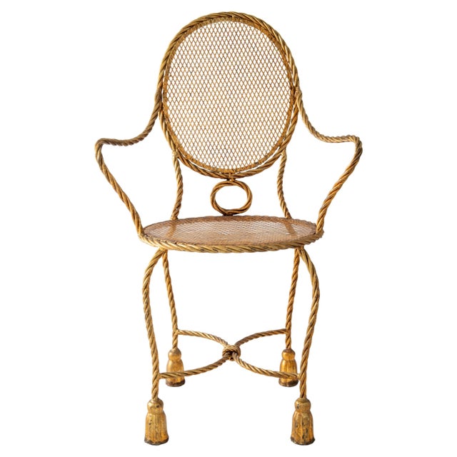 Hollywood Regency 1950s Hollywood Regency Gilt Iron Armchair with Rope & Tassel Design For Sale - Image 3 of 13
