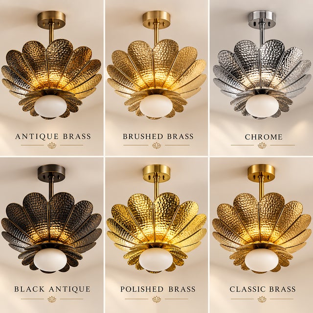 Handmade Brass Flower Chandelier, Hammered Lotus Ceiling Light, Antique Brass Floral Pendant, Art Deco Luxury Ceiling Fixture 28 Inches For Sale - Image 12 of 14