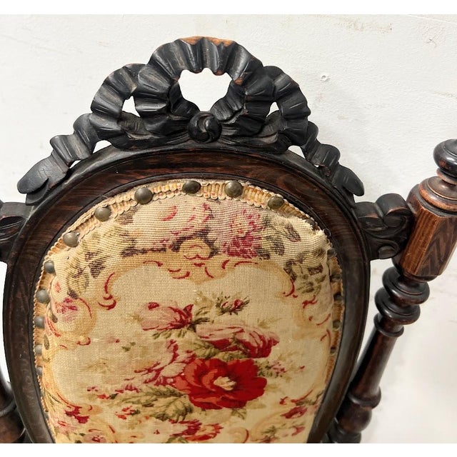 Napoleon iii period chaise longue in solid wood oval back with turned uprights seat upholstered in floral and ribbon...