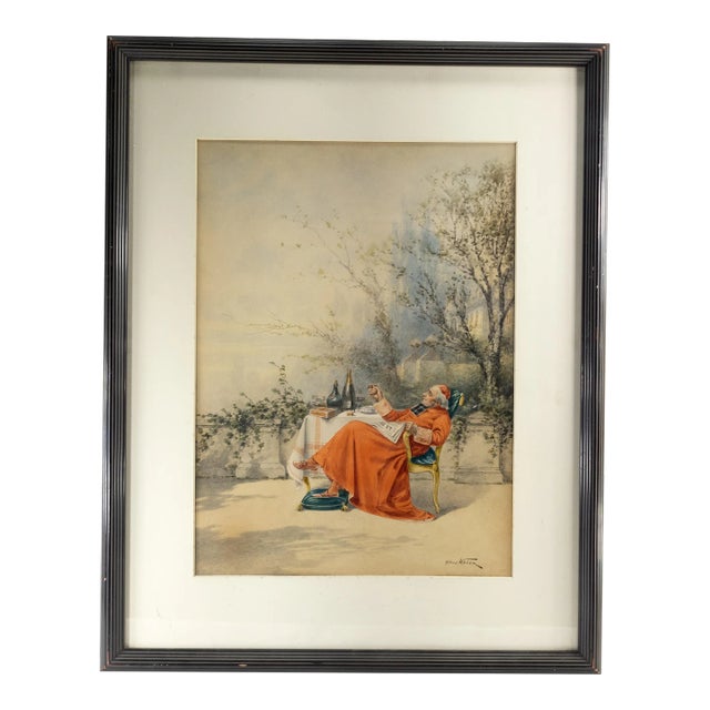 19th Century French Watercolor Painting of a Cardinal at Rest by Alfred Weber For Sale