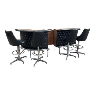 Mid Century Chromcraft Black Vinyl Rounded Bar With Barstools - 5 Pieces For Sale
