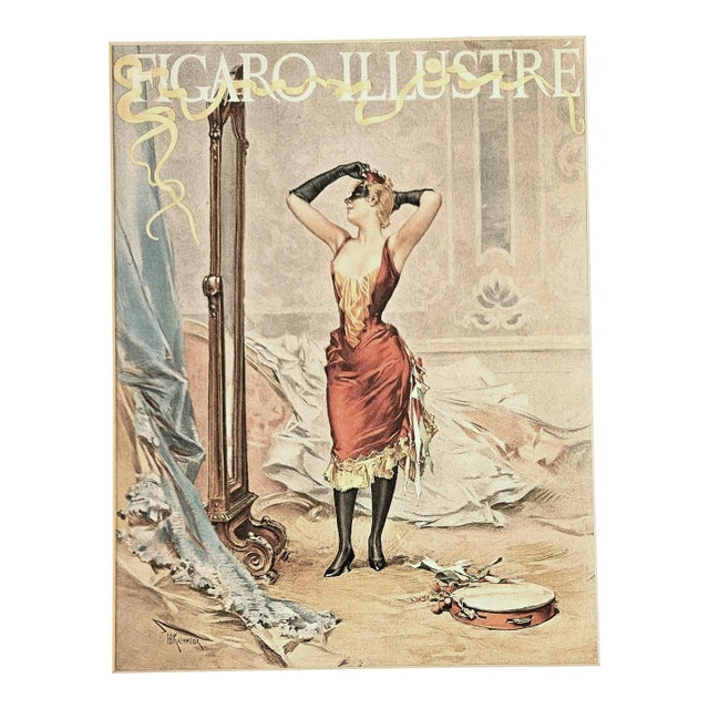 1890 French Art Nouveau Chromolithograph-Dancer at Mirror, Matted For Sale