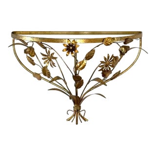 Italian Gilt Toleware Vintage Wall Shelf, Naturalistic Design With Glass Top, Vines & Flowers For Sale