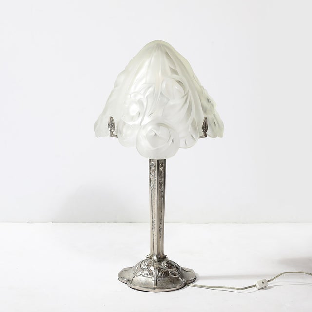 Silver Art Deco Style Molded & Frosted Glass Table Lamp W/ Silvered Bronze Base For Sale - Image 8 of 12