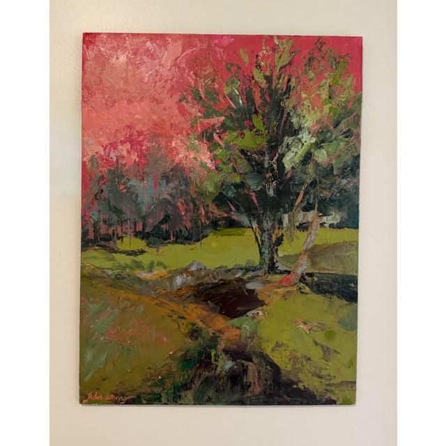 Golf course setting. Oil and cold wax on wood panel. One-of-a-kind original oil painting on a 24x18-inch gallery-wrapped...