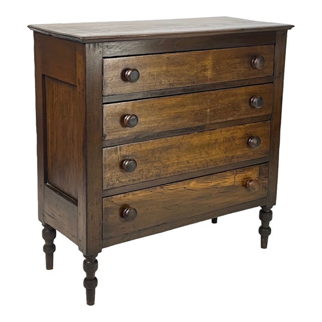 19th-Century Antique American Country Pine & Hardwood 4-Drawer Chest For Sale