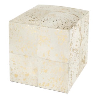 Victorian Hair on Hide with Spots Cube Ottoman, White & Gold For Sale