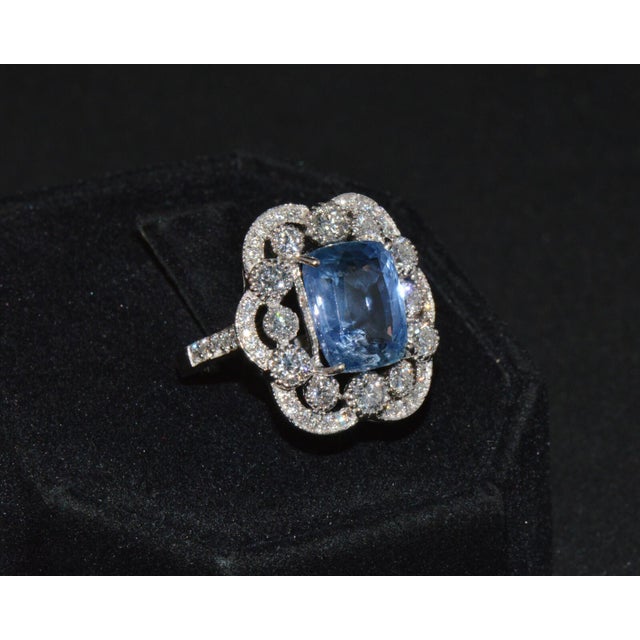 GIA Natural 9.66CTS VS F Diamond No Heat Blue Sapphire 750 18K Gold Cocktail Ring, size 6.5 For Sale - Image 10 of 11