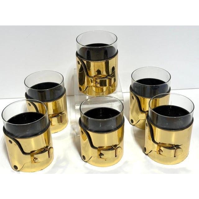Glass Late 20th Century 6 Italian Gold-Plated Leather Horsebit Old Fashioned Glasses, Style of Gucci For Sale - Image 7 of 14