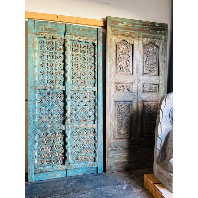 Rustic Blue Antique Carved Wood Double Doors With Brass Studs – Farmhouse Decorative Doors 91 For Sale In Orlando - Image 6 of 7