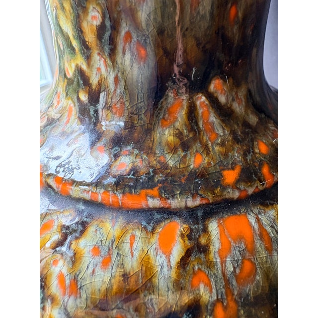 1960s-1970s West German Fat Lava Ceramic Table Lamp, Applied Scroll Relief, Volcanic Drip Glaze in Brown, Black and Orange For Sale - Image 11 of 12