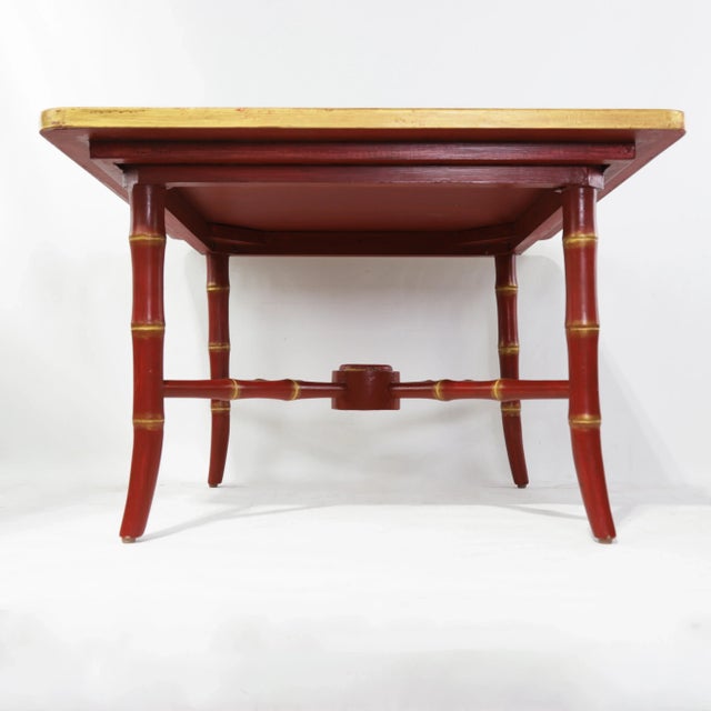 Wood Pair of Vintage Chinoiserie Red Lacquer Side Tables With Faux Bamboo Legs For Sale - Image 7 of 18