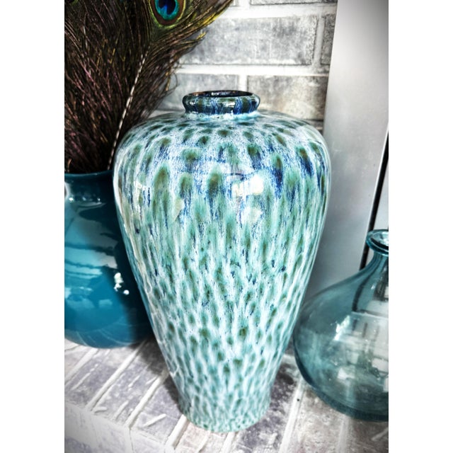 Ceramic Late 20th Century Peacock Feather Blue & Green Drip Glazed Pottery Vase For Sale - Image 7 of 12