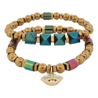 Evil Eye Charm Fashion Style Hematite Beaded Bracelet Set For Sale