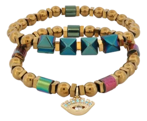 Evil Eye Charm Fashion Style Hematite Beaded Bracelet Set