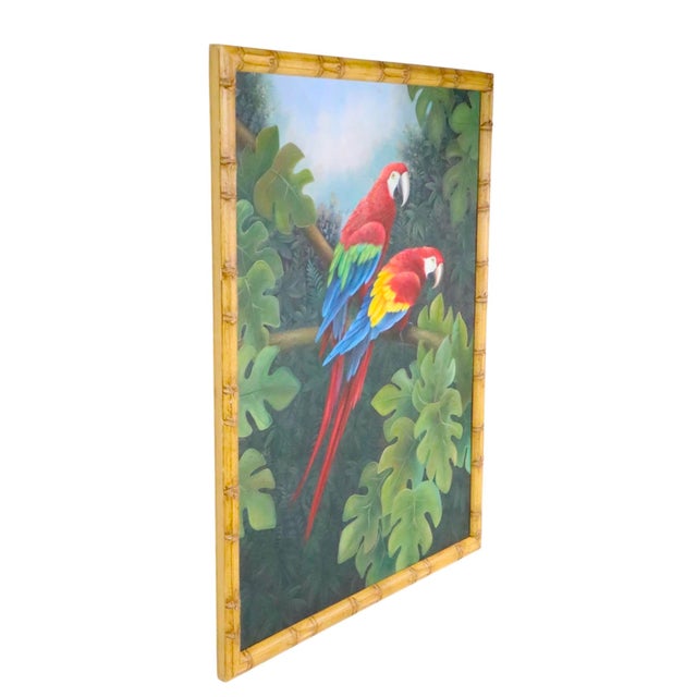 Large Vintage Painting on Canvas Depicting Two Macaws in Lush Tropical Setting C 1970/80's For Sale - Image 12 of 12