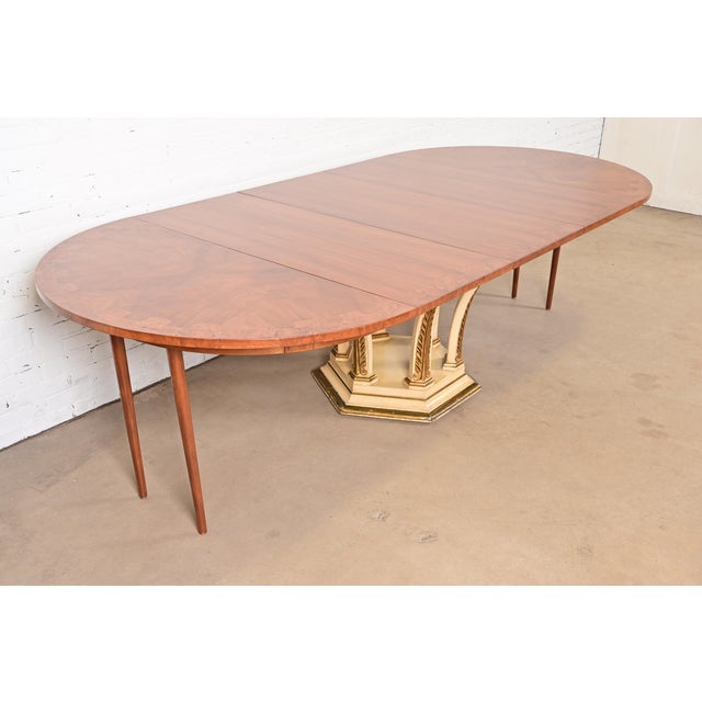 Mastercraft Italian Neoclassical Walnut and Burl Wood Parcel Gilt Pedestal Extension Dining Table For Sale - Image 12 of 15