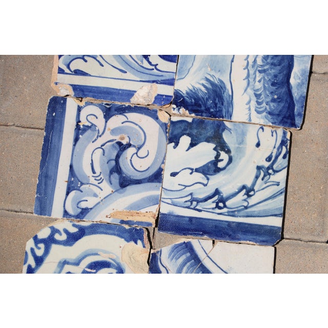 18th Century Antique Set of 6 Baroque Portuguese Tiles, 18th Century Blue & White Scrollwork and Ornamental Motifs For Sale - Image 5 of 10