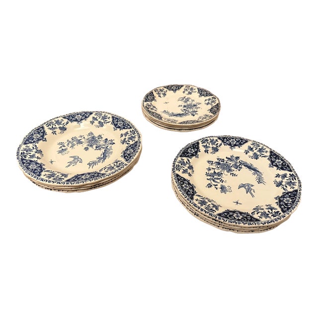 Dinnerware Set of 12 Dinner Deep Desert Plates Decor Blue Delft by Gien. France For Sale