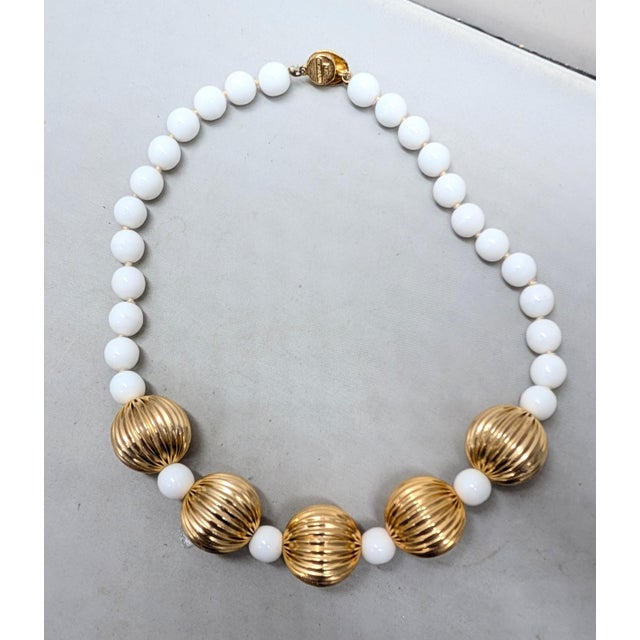 1980s Vintage 1980s Signed Les Bernard Goldtone White Beaded Necklace For Sale - Image 5 of 7
