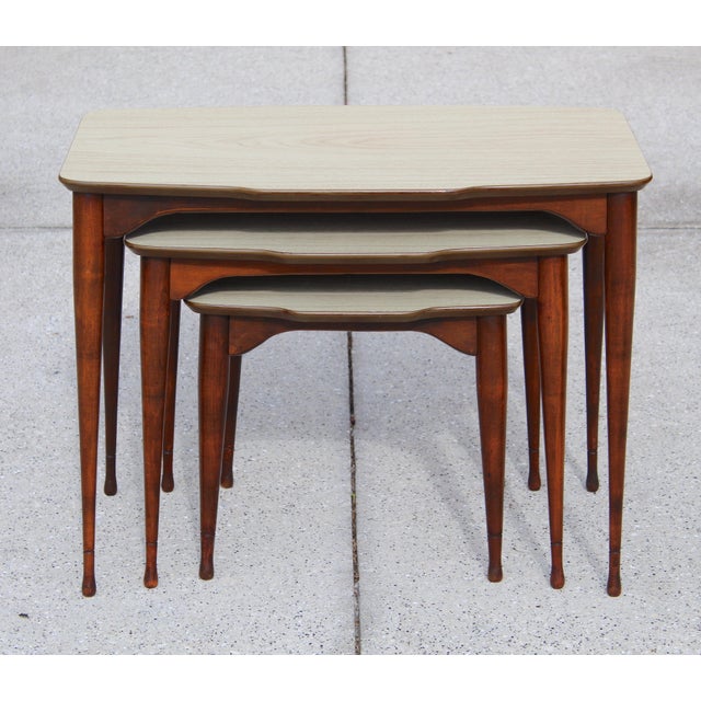 1960s Vintage Mid-Century Modern Nesting Tables – Set of 3 With Beige Tops & Tapered Maple/Beech Wood Legs For Sale - Image 11 of 17