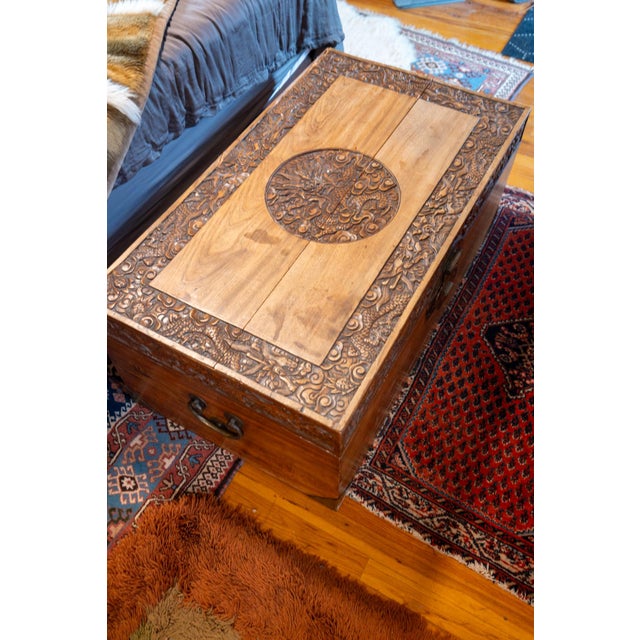 Antique Chinese Hand-Carved Camphor Wood Blanket Chest With Dragon Medallion & Original Brass Hardware For Sale - Image 9 of 9