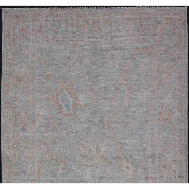 Pastel Colored Hand-Knotted Modern Oushak With Light Blue-Gray Background For Sale In Atlanta - Image 6 of 11